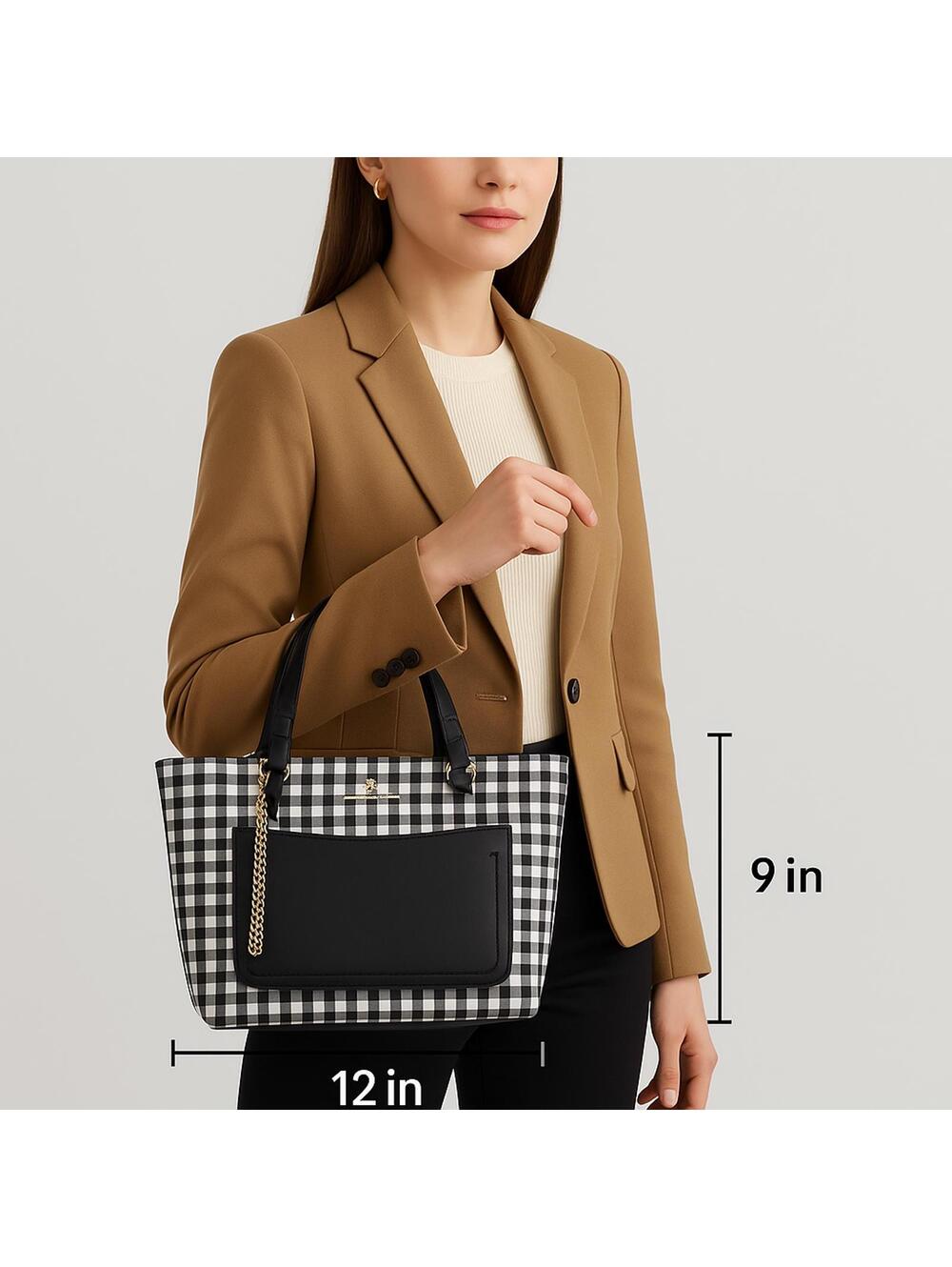Nanette Lepore Vegan Leather Black/White Gingham Tote Bag